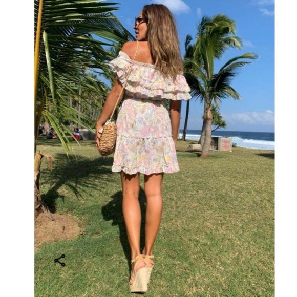 White Floral Print Short Sleeve Off Shoulder Ruffle Tiered Mini Dress - Picture 7 of 15